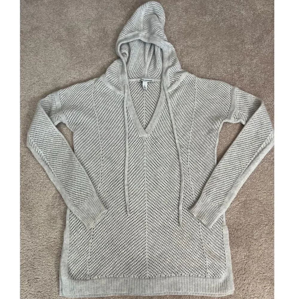 Autumn Cashmere Open Stitch V-Neck Gray Hoodie Sweater 100% Pure Cashmere SizeXS